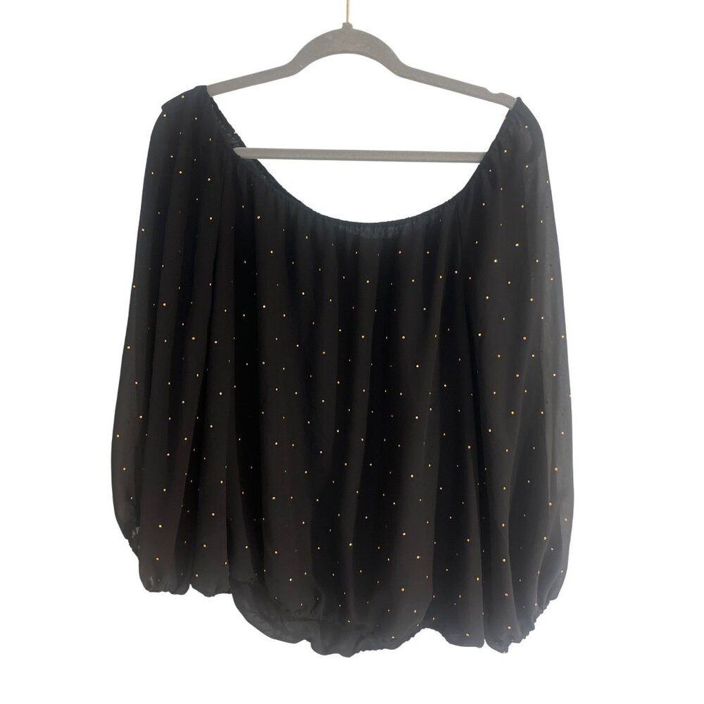 Holiday blouse Vince camuto womens L black with rhinestone detail. Elastic neck
